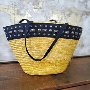 Yellow and black Straw Exterior Bag Purse Tote wit rhinestones for Women